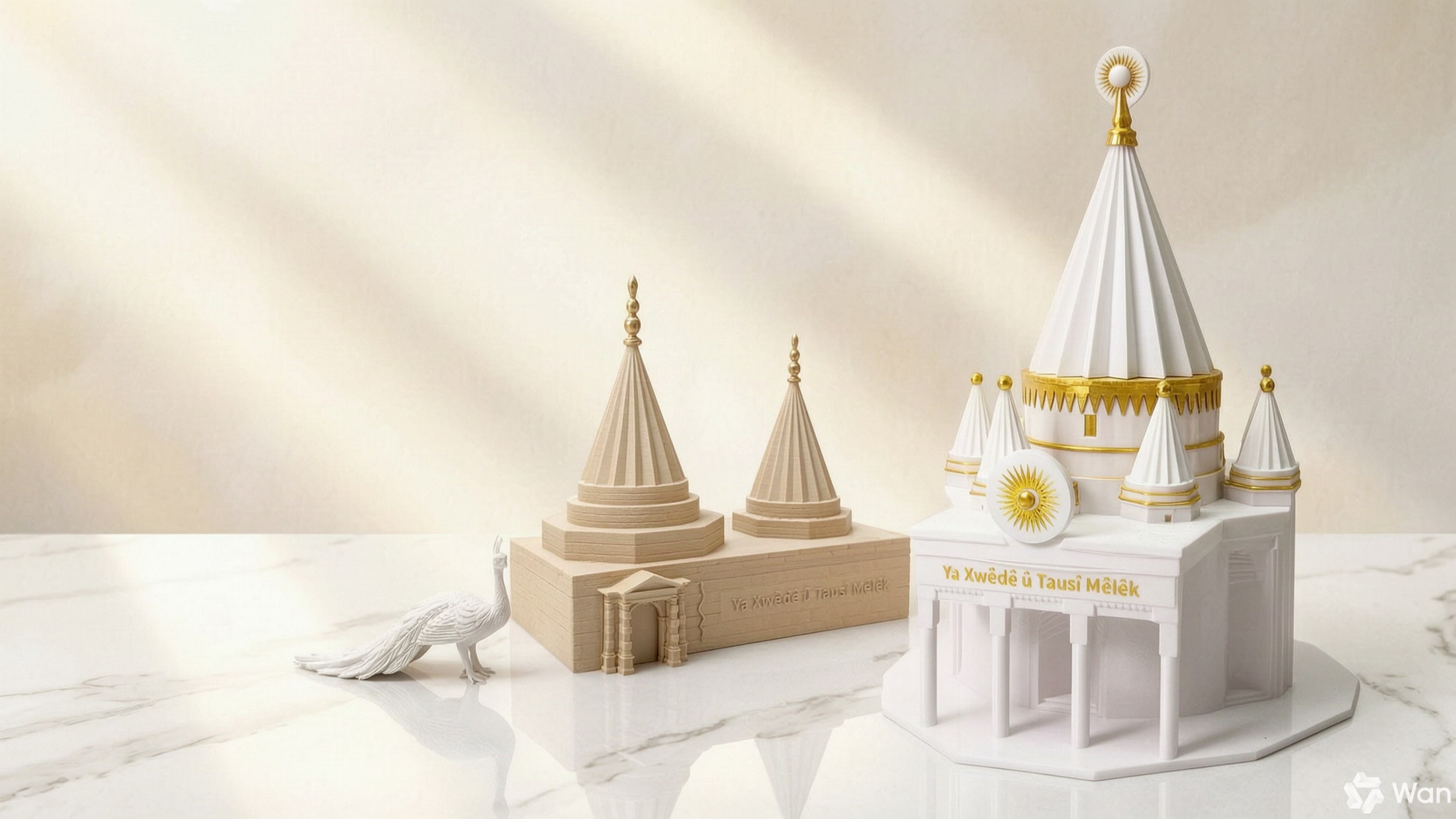 Weiße und goldene Lalish-Tempelmodelle und eine Pfau-Figur auf hellem Marmor