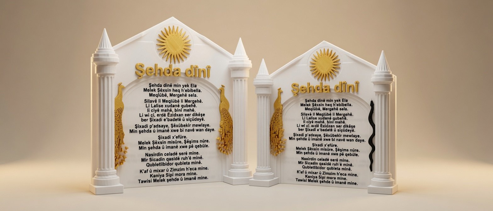 Şahda dînî, das ezidische Glaubensbekenntnis, als Tafel mit Säulen